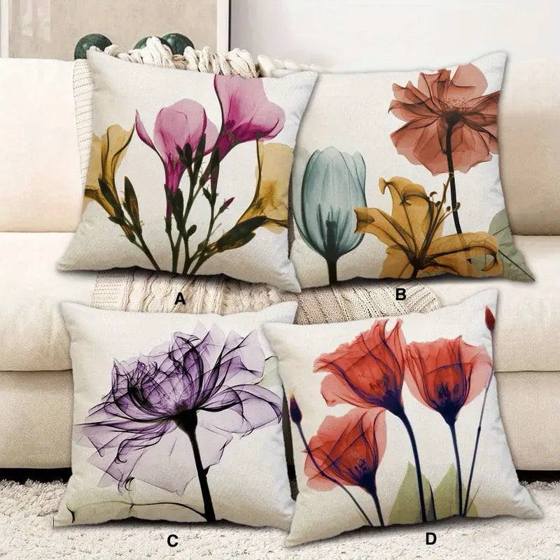 A collection of four individual 18x18 linen pillow covers featuring delicate ink-style floral art in purple, golden-yellow, lavender, and coral. Each single-sided cover is sold individually to allow for custom mix-and-match home décor.