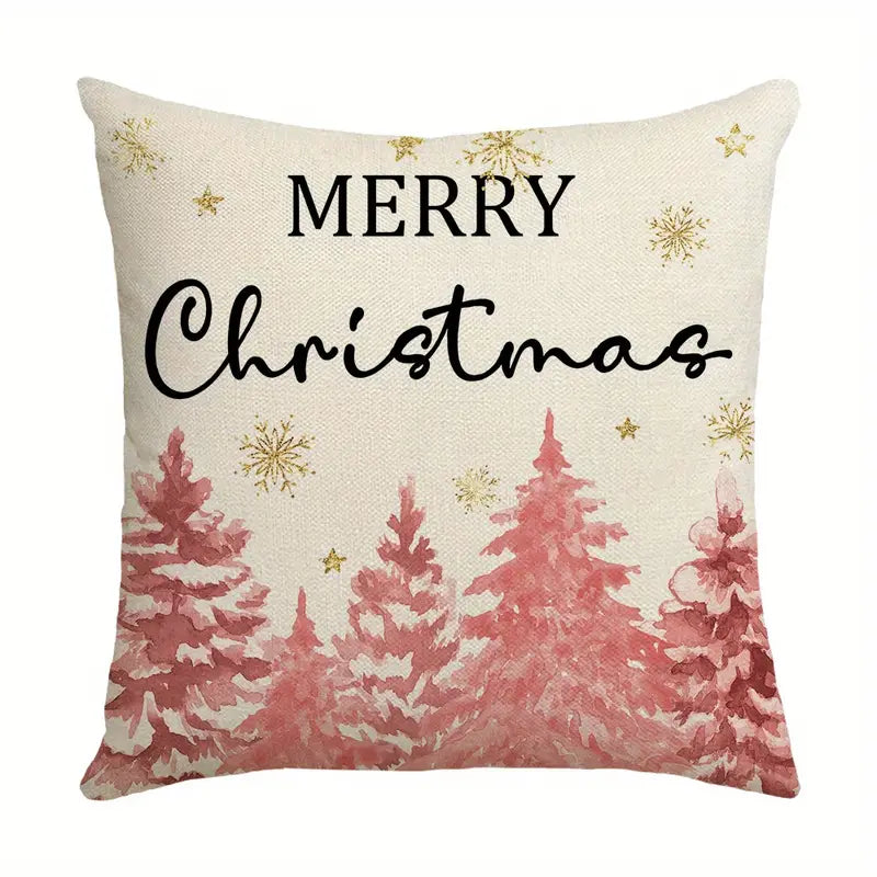 Pink watercolor Christmas trees pillow cover with Merry Christmas text and gold stars on a neutral background