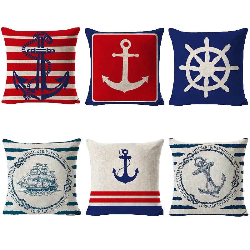 Set of six linen pillow covers featuring anchors, a ship illustration, and a ship wheel in red, navy, and cream nautical patterns.