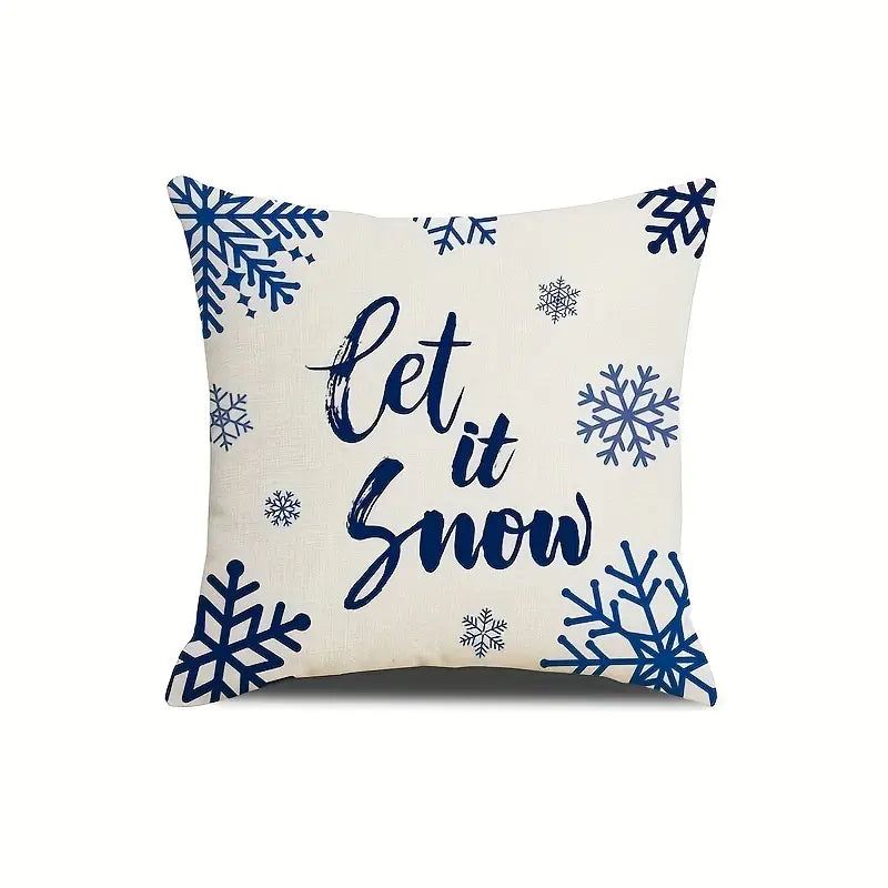Festive 18x18 inch single-sided outdoor linen pillow cover featuring "Let it Snow" text and blue snowflakes for holiday décor – Coastal Pillows Plus