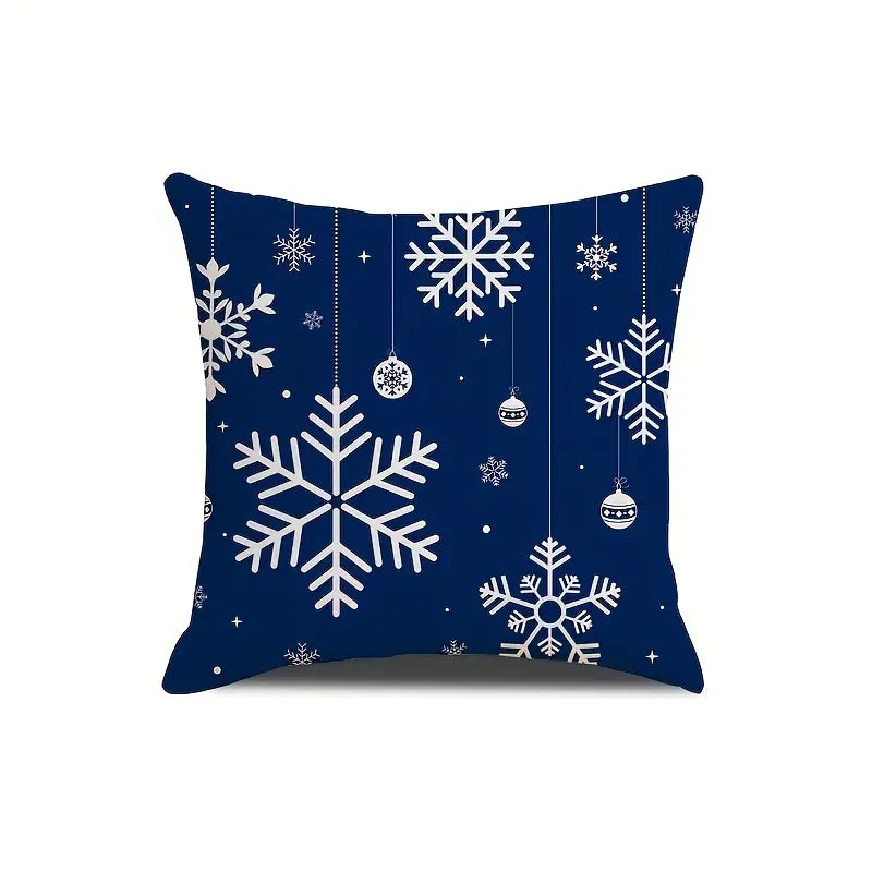 Festive 18x18 inch single-sided outdoor linen pillow cover featuring hanging white snowflakes and ornaments on a navy blue background for holiday décor – Coastal Pillows Plus