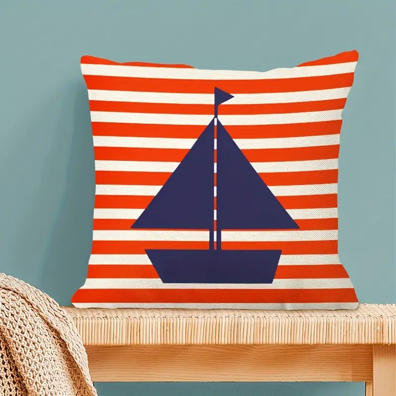 Square linen blend pillow cover featuring a navy blue sailboat silhouette over a vibrant red and white horizontal striped background for nautical décor - 18x18 - Coastal Pillows Plus