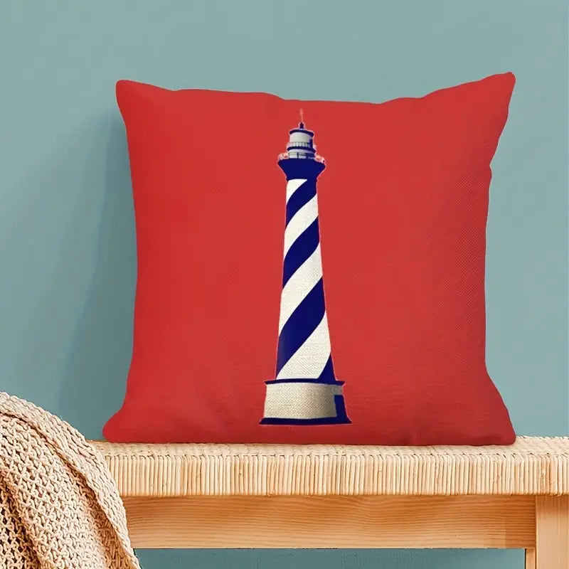 Square linen blend pillow cover featuring a navy and white spiraled lighthouse centered on a vibrant red background for nautical décor - 18x18 - Coastal Pillows Plus
