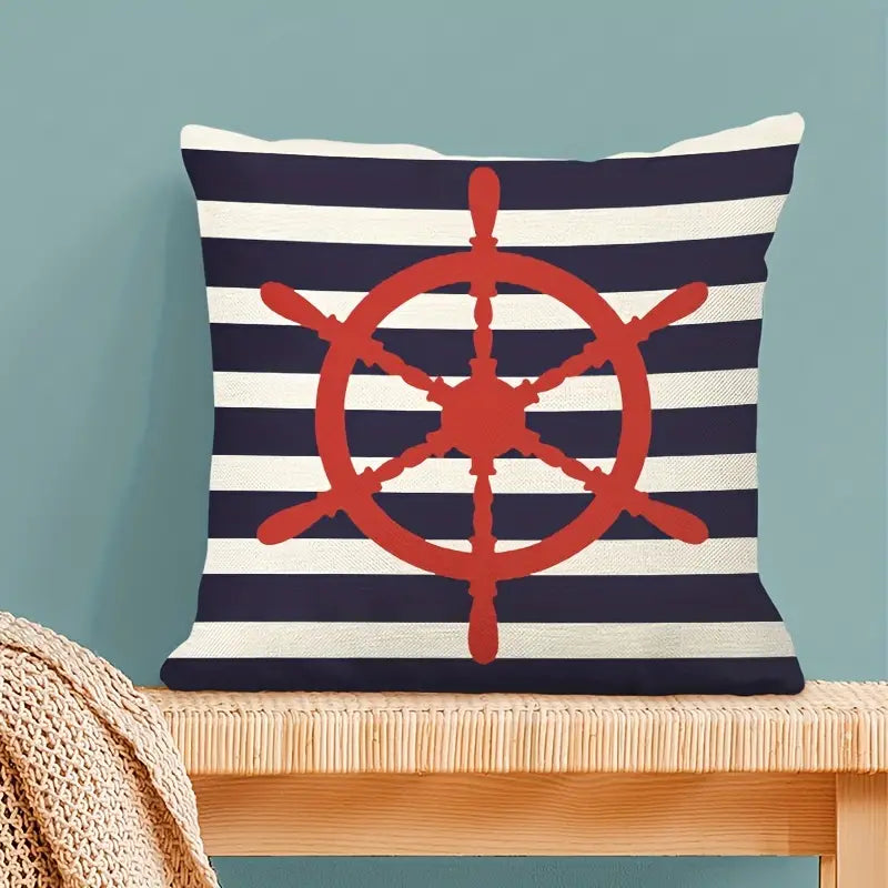 Square linen blend pillow cover featuring a large red ship's wheel silhouette over a navy blue and white horizontal striped background for nautical décor - 18x18 - Coastal Pillows Plus