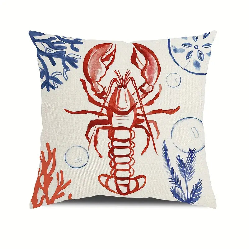 18"x18" linen pillow cover featuring a red lobster with blue coral accents on an off-white background.