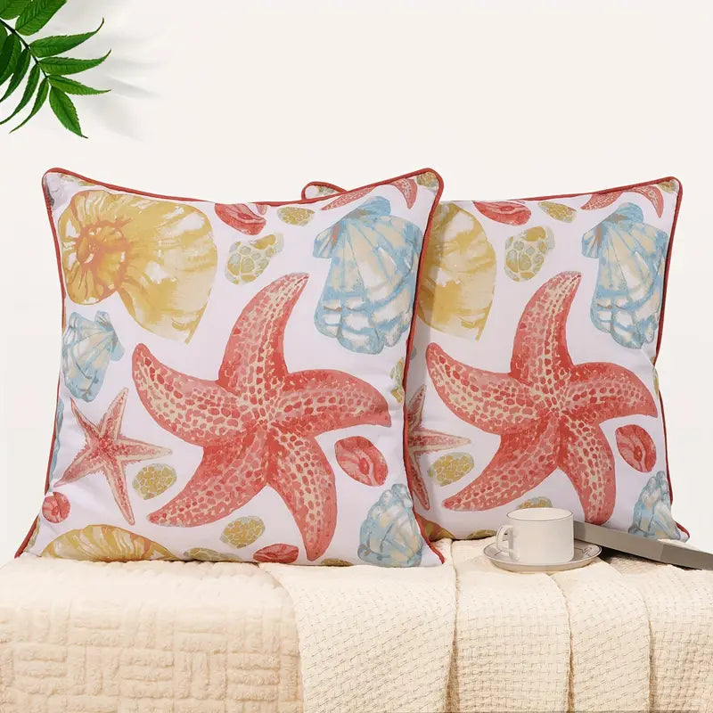Vibrant Ocean Shell and Starfish Pattern Pillow Cover with Warm Coastal Décor Tones - 20x20" - Coastal Pillows Plus