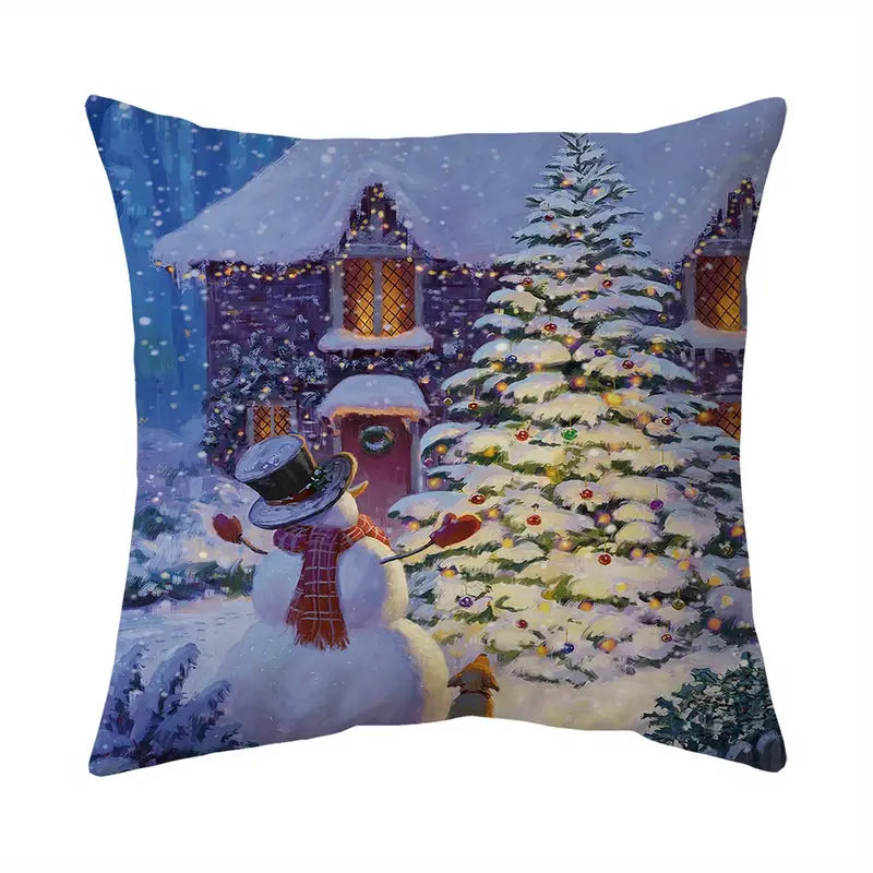 Winter pillow cover with snowman and decorated Christmas tree in snowy village scene