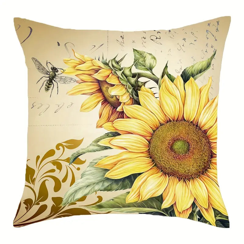 Pillow cover featuring two yellow sunflowers on an angled stem with a bee on a beige background, 18x18, insert not included.