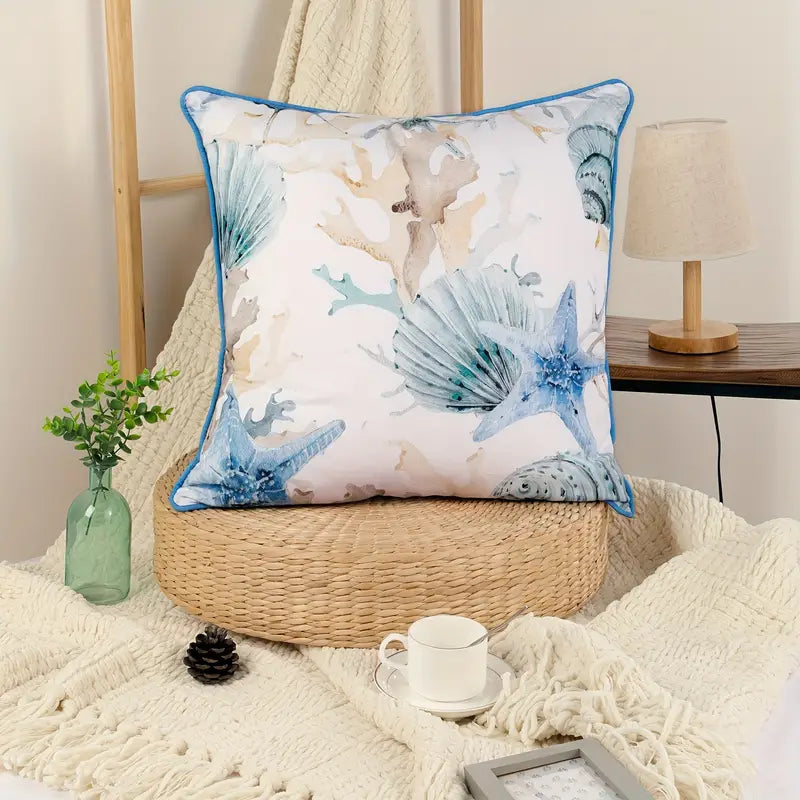 Lustrous Blue Ocean Shells and Starfish Pattern Pillow Cover for Elegant Marine Décor - 20x20" - Coastal Pillows Plus