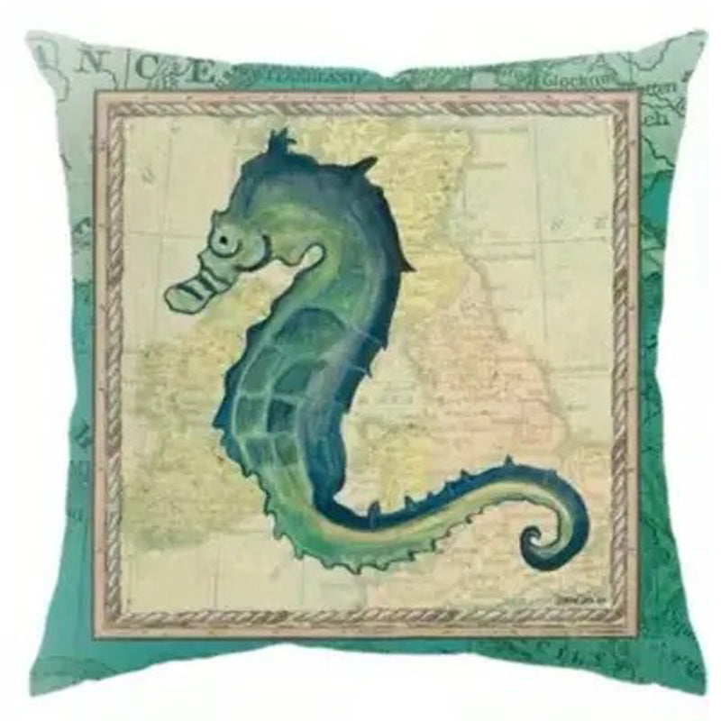 Pillow cover featuring a seahorse illustration framed over a vintage map-style background.