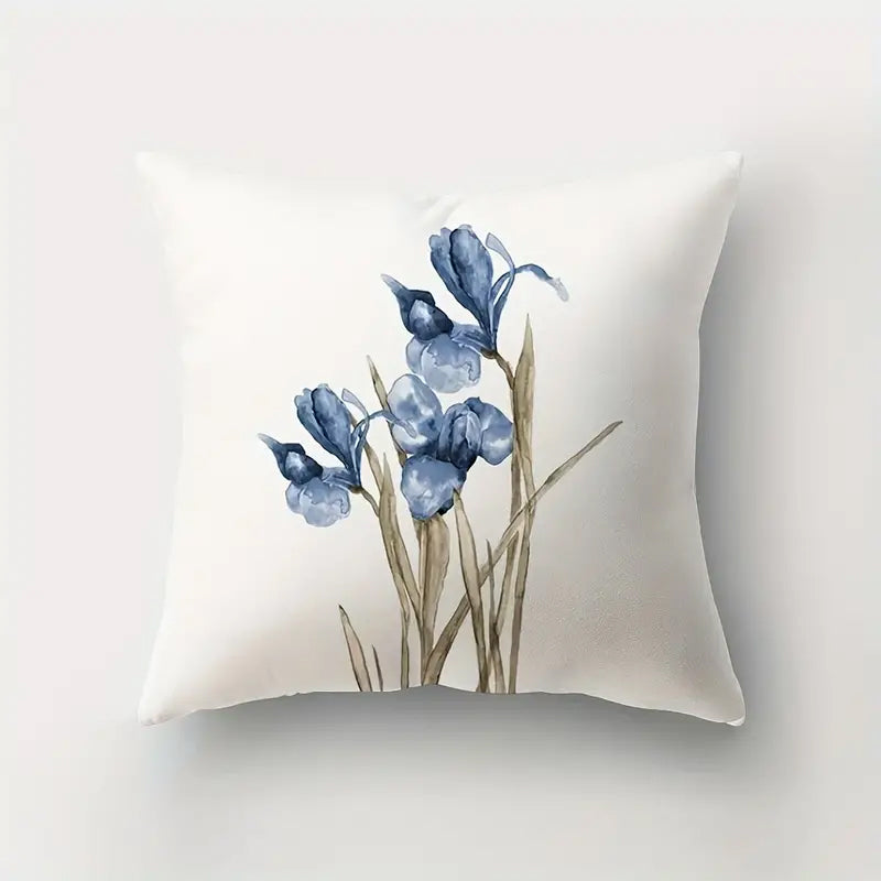 Illustrative 18x18 inch pillow cover with watercolor-style blue Bearded Iris flowers and delicate tan stems on a white background, styled for elegant home décor – Coastal Pillows Plus.