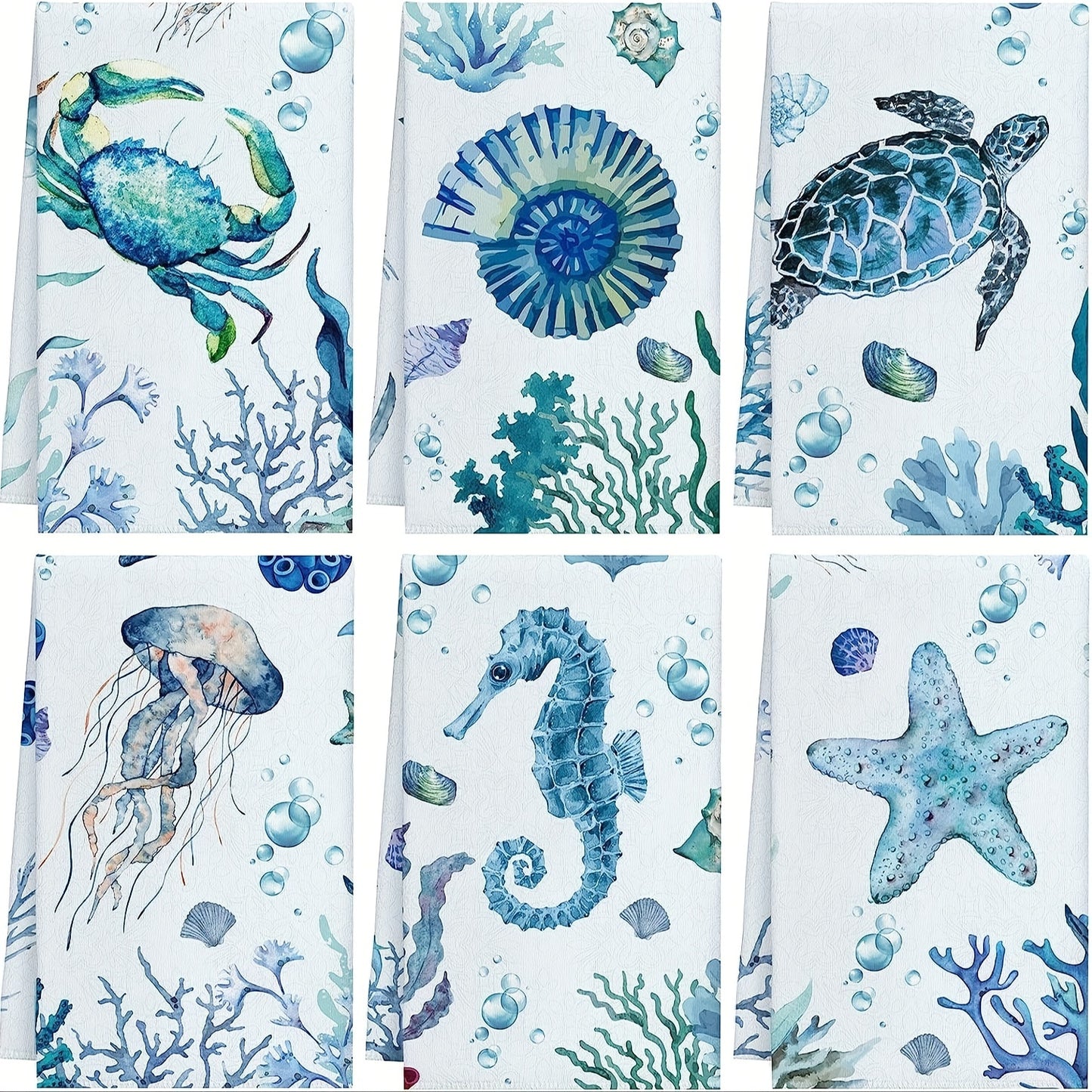 Illustrative Sea Animal Hand Towels with Octopus, Seahorse, and Turtle Décor Designs, 18x28"