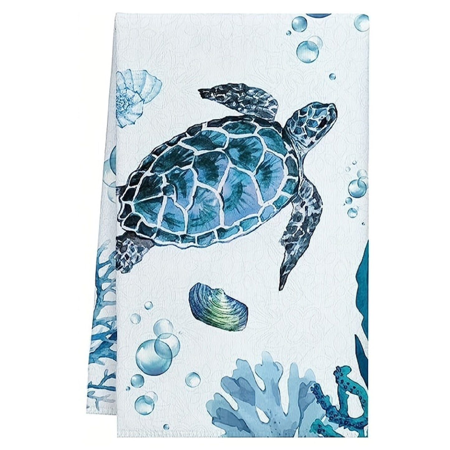 Blue and teal watercolor sea turtle hand towel with coral and bubble accents, 18x28-inch coastal kitchen and bath towel