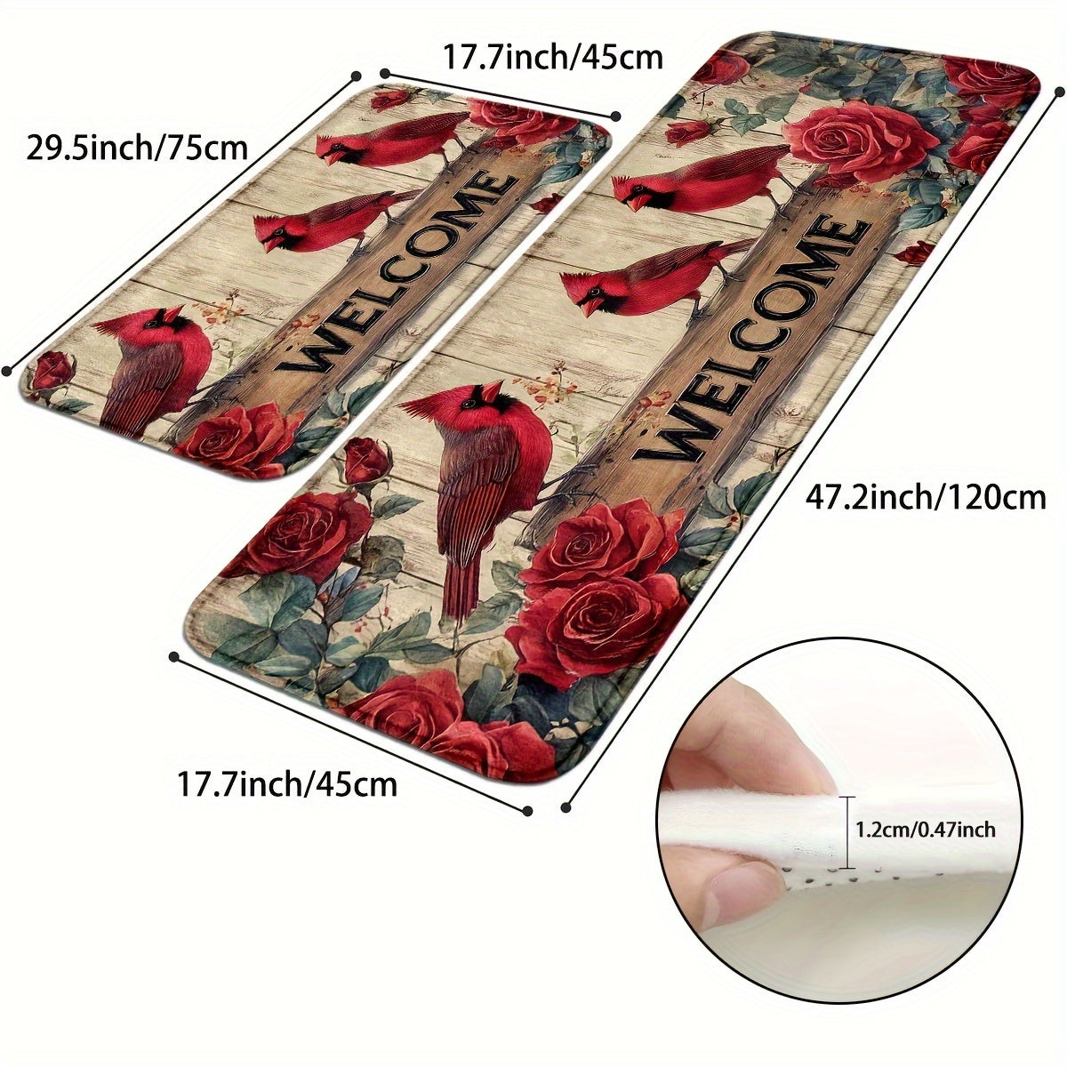 Christmas Red Cardinal & Rose Doormat, 1.5'x2.5' / 1.5'x4'