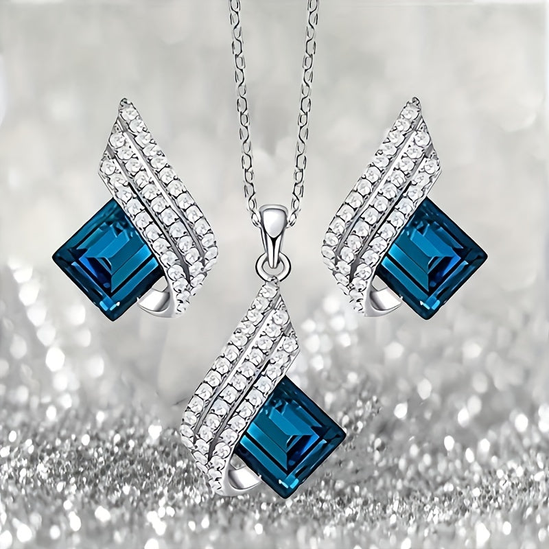Shining Diva Angel Wings Necklace & Earrings Set – 3-Piece Blue & White Rhinestone Jewelry