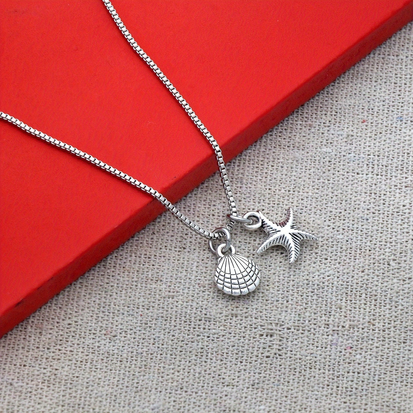 Silver Shell & Starfish Square Rolo Chain Necklace – 24" with Pendant Charms