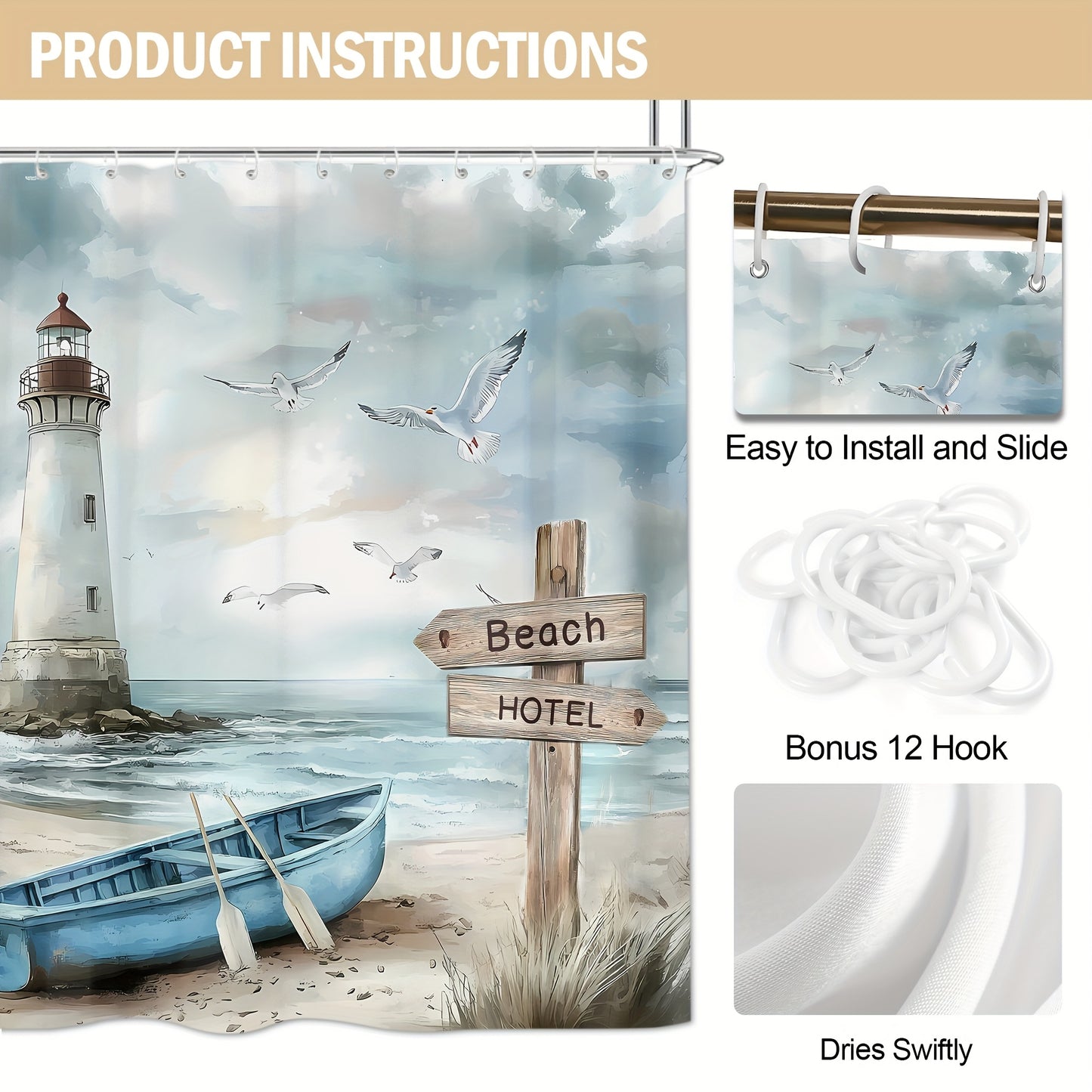 4-Piece Coastal Shower Curtain Set – Lighthouse, Rowboat & Seagulls Design (70.8x70.1")