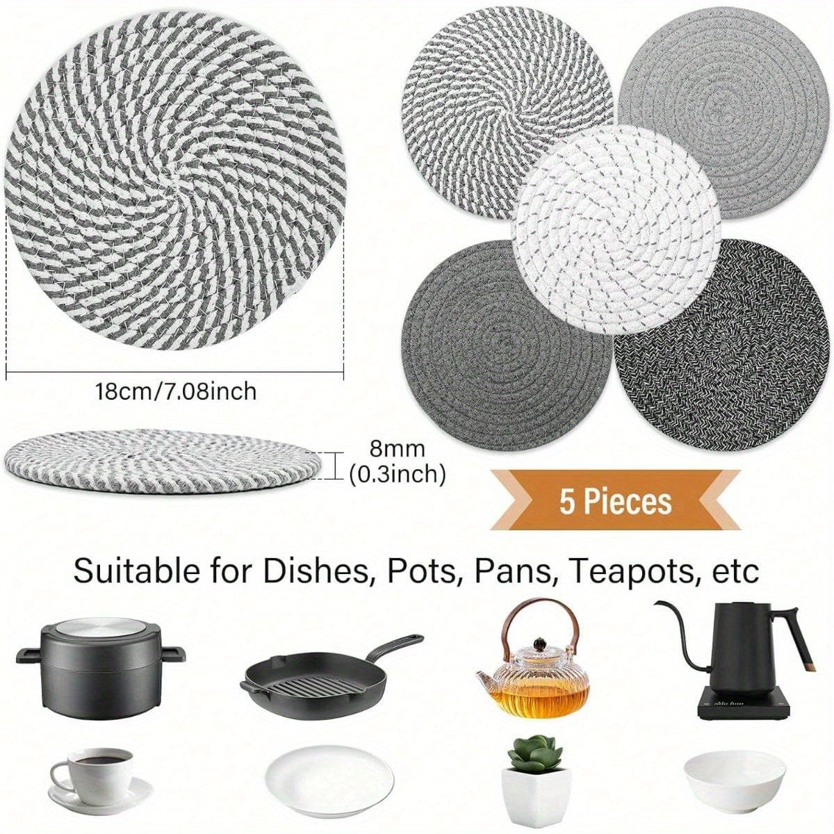 Trivet Mats Set for Hot Dishes – 5-Piece Heat-Resistant Pot Holders for Kitchen, Counter, or Table – Available in Gray or Brown