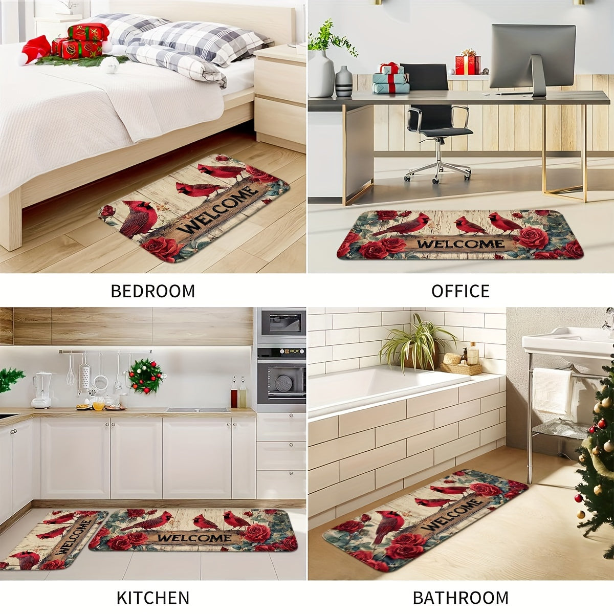 Christmas Red Cardinal & Rose Doormat, 1.5'x2.5' / 1.5'x4'
