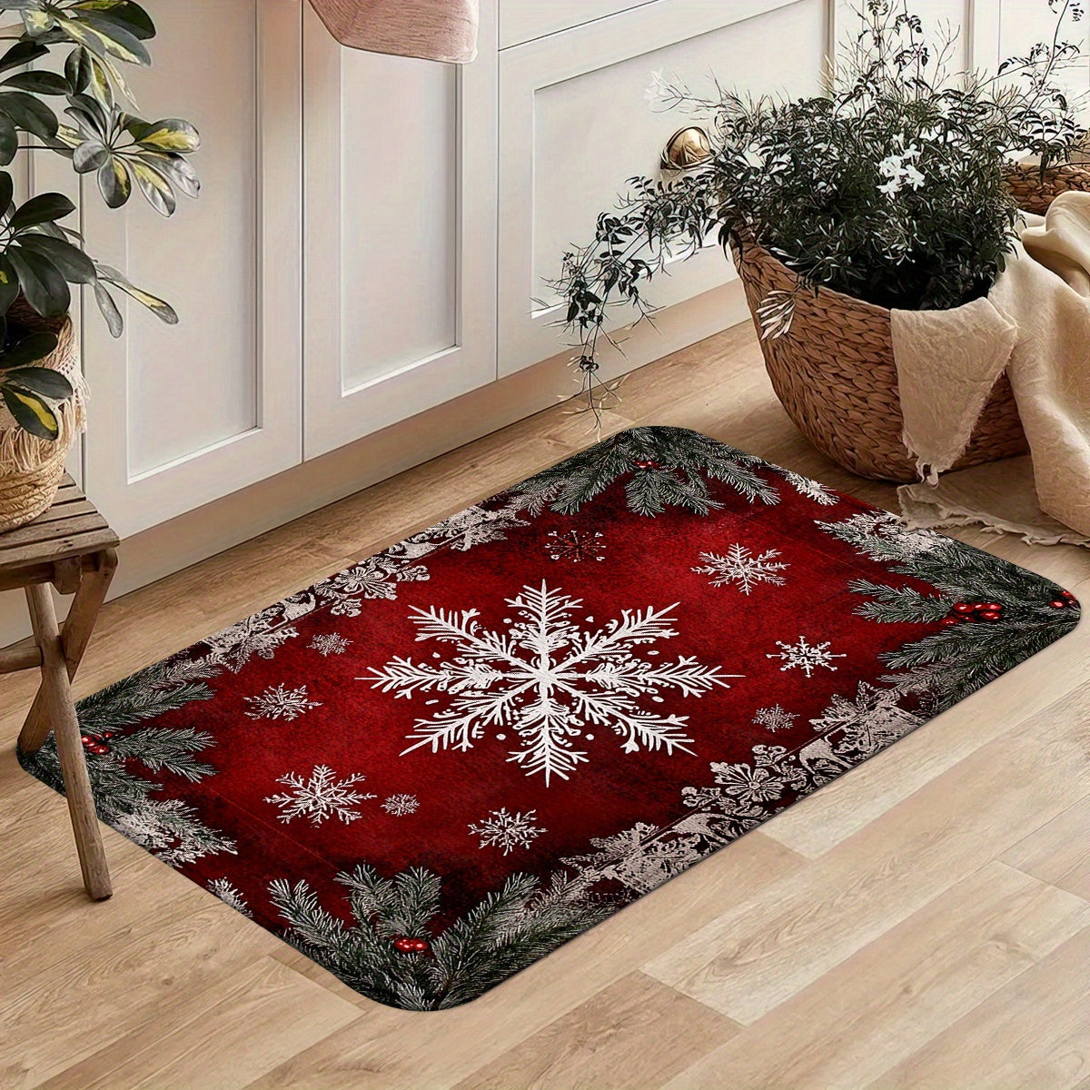 Snowflakes & Pine Branches Kitchen Mats – Non-Slip Machine Washable, 1.5'x2.5' / 1.5'x4'