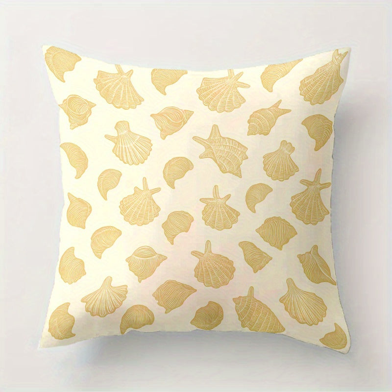 Retro Marine Throw Pillow Covers – Starfish & Shells, Beige, Gold & White, 18x18"