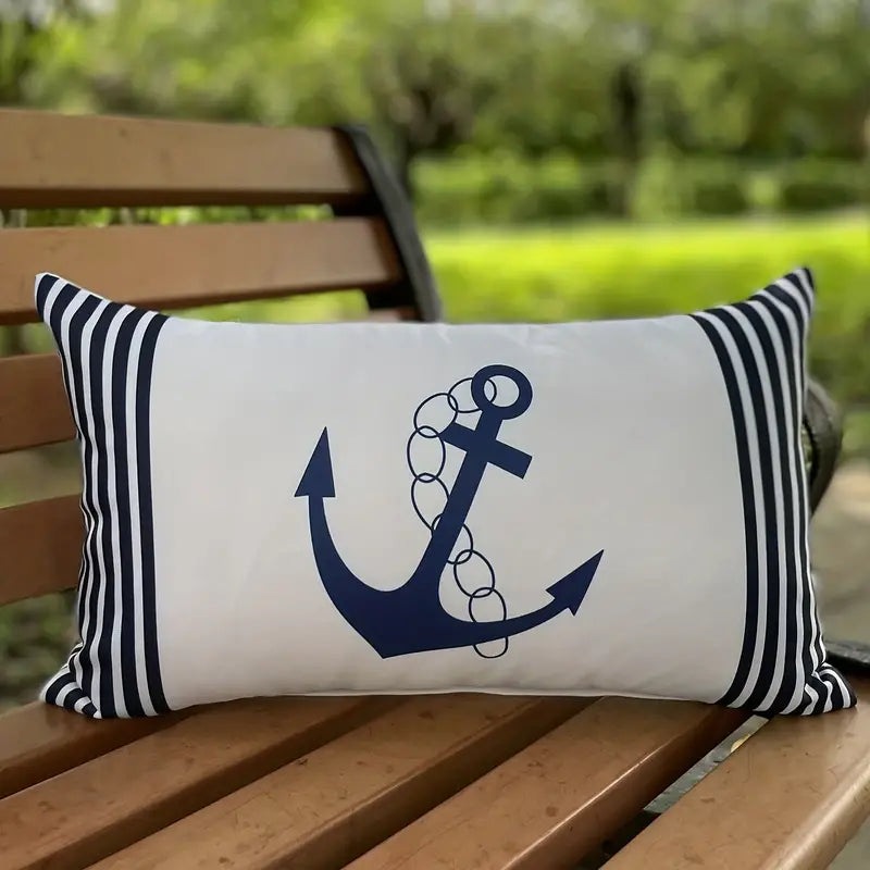 Rectangular white lumbar pillow cover featuring a navy blue anchor with a rope chain silhouette and vertical side stripes with a hidden zipper for nautical décor - 12x20 - Coastal Pillows Plus
