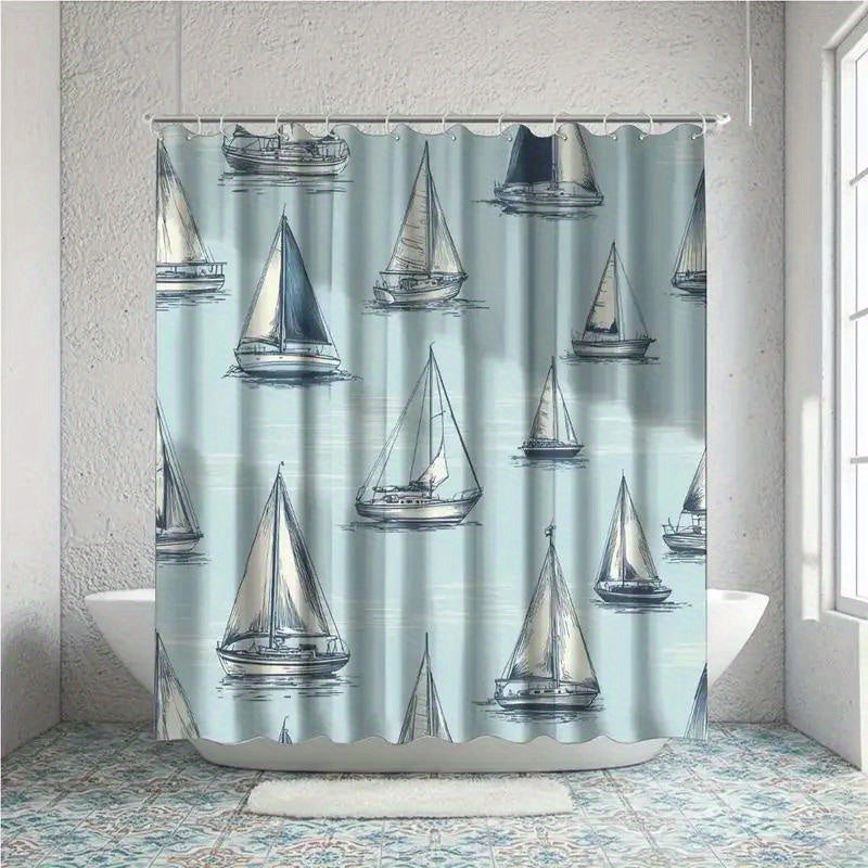 Sailboat-Themed Nautical Shower Curtain – 70.87 x 70.87", Includes 12 Hooks