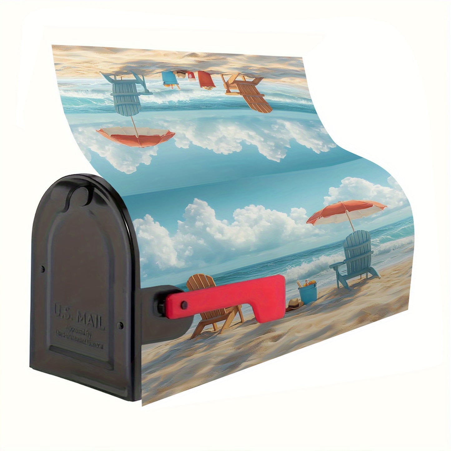 Summer Beach Adirondack Chairs Magnetic Mailbox Cover – Ocean Waves & Umbrella Design (21x18")