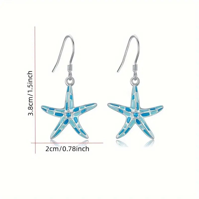 2-Piece Starfish Dangle Earrings – Turquoise Blue & White Mosaic Design with Sterling Silver Post