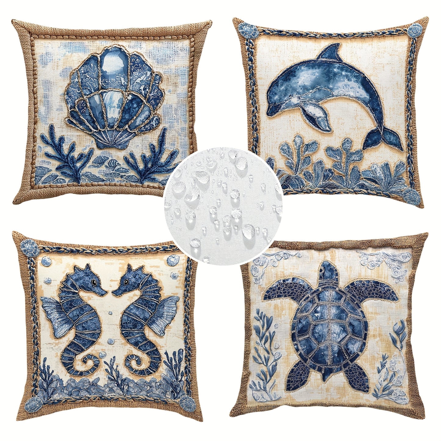 Coastal Outdoor Pillow Covers – Shells, Dolphins, Seahorses & Turtle, 18x18"