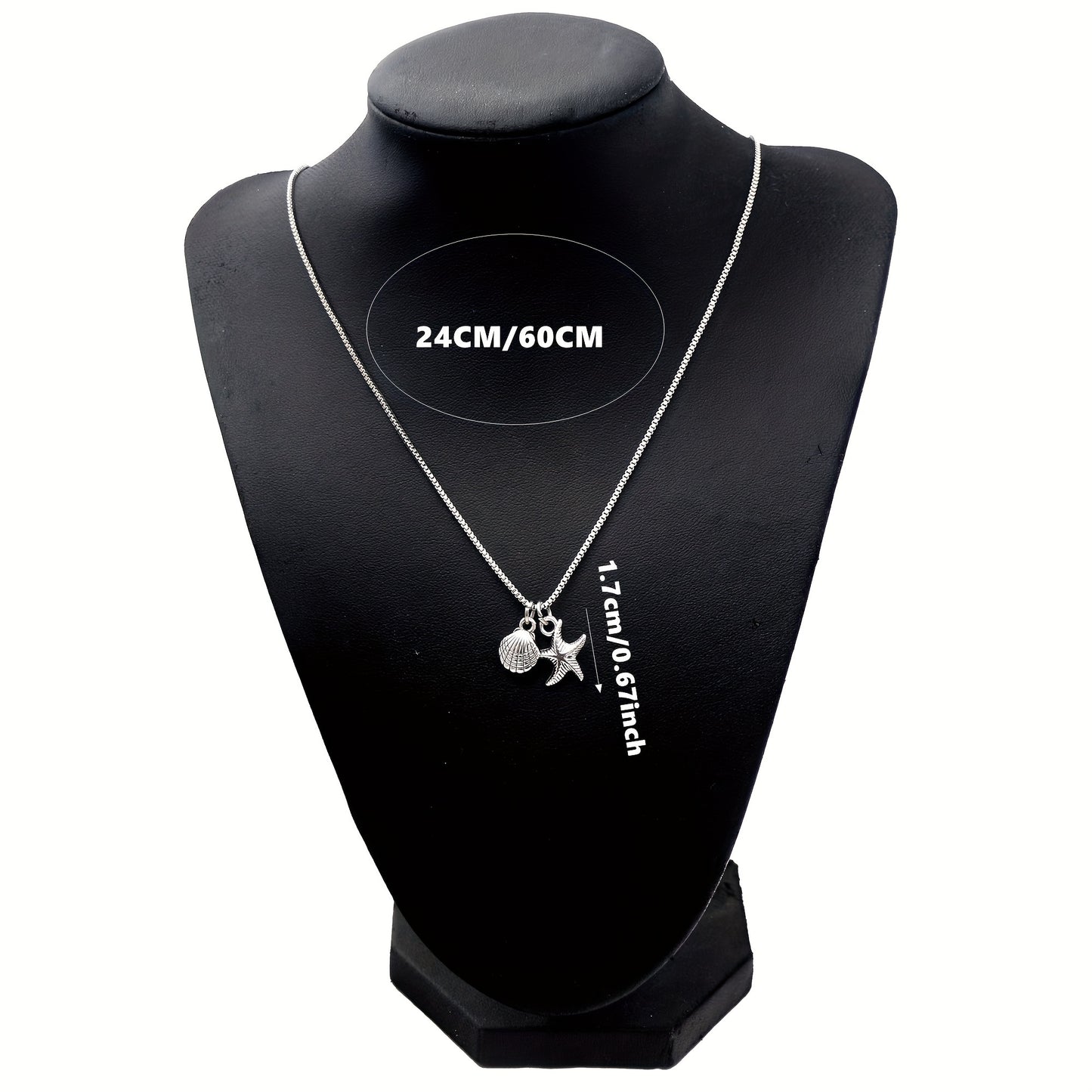 Silver Shell & Starfish Square Rolo Chain Necklace – 24" with Pendant Charms