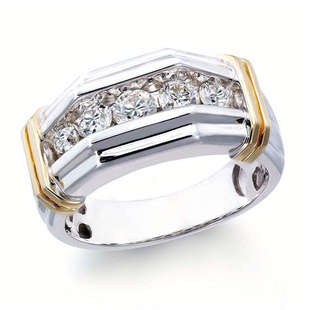 Men's Vintage Two-Tone Stainless Steel Geometric Angle Ring with Sparkling Accents