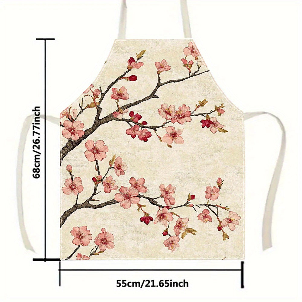 Red & Pink Cherry Blossom Apron – Floral Branch Design, 100% Linen