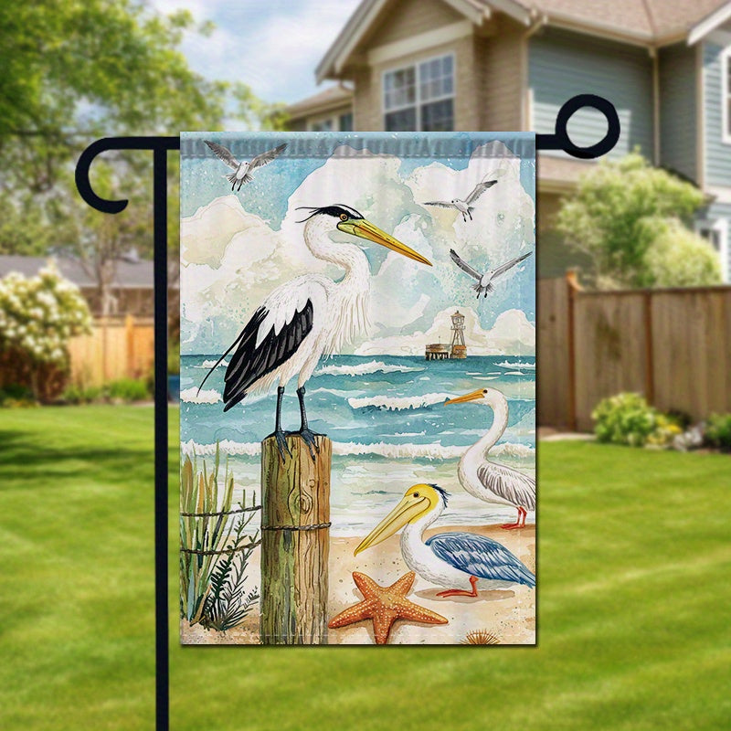 Double-Sided Garden Flag – Coastal Beach Scene with Herons & Pelicans (12"x18")