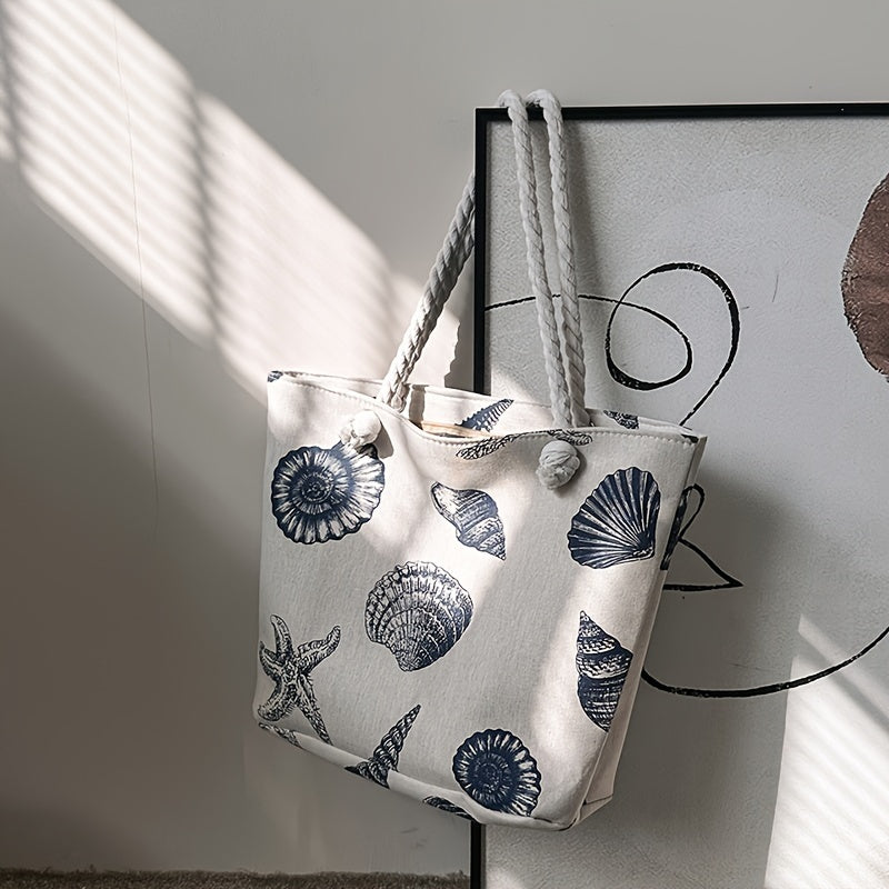Shell Pattern Canvas Tote Bag – Lightweight Marine Life Beach & Travel Bag
