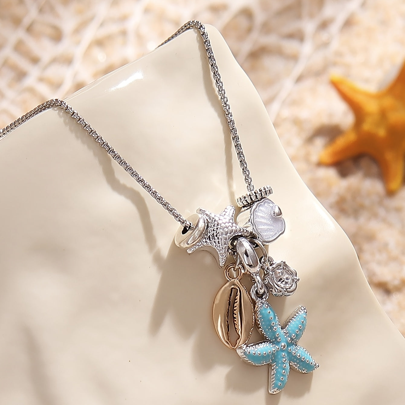 Starfish & Seashell Pendant Necklace – Rhinestone Accent