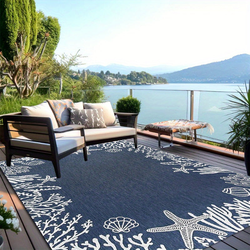 Blue Starfish & Shell Outdoor Mat – Non-Slip, Washable Coastal Decor, 3'x5'/ 4'x6' / 5'x7.5'