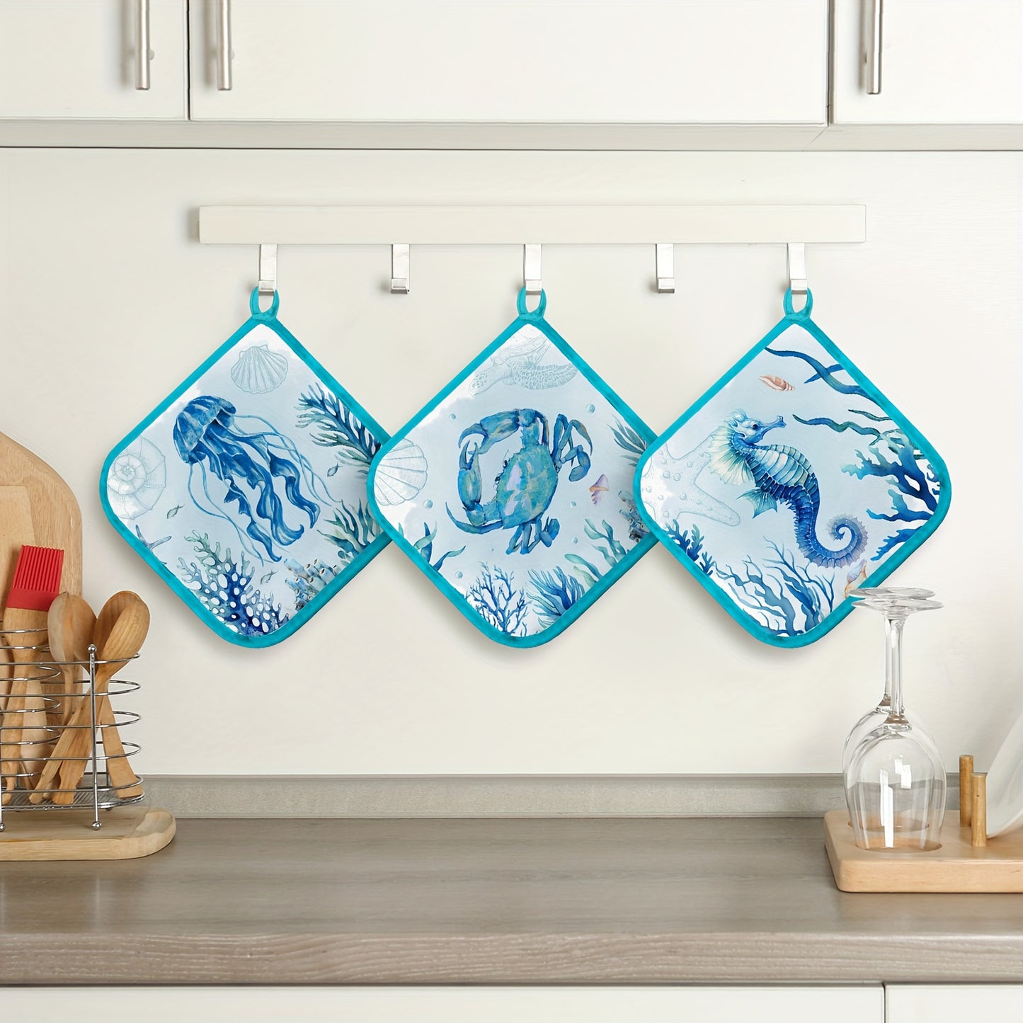 6 Sets of Marine Animal Pot Holders with Pockets – Heat-Resistant Kitchen Accessories