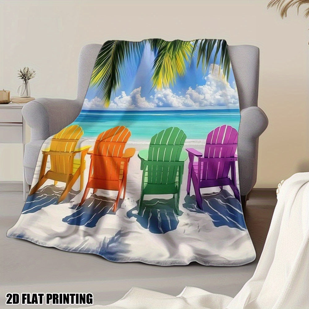 Vibrant Adirondack Chairs & Palm Tree Design Flannel Throw Blanket – 51x59"