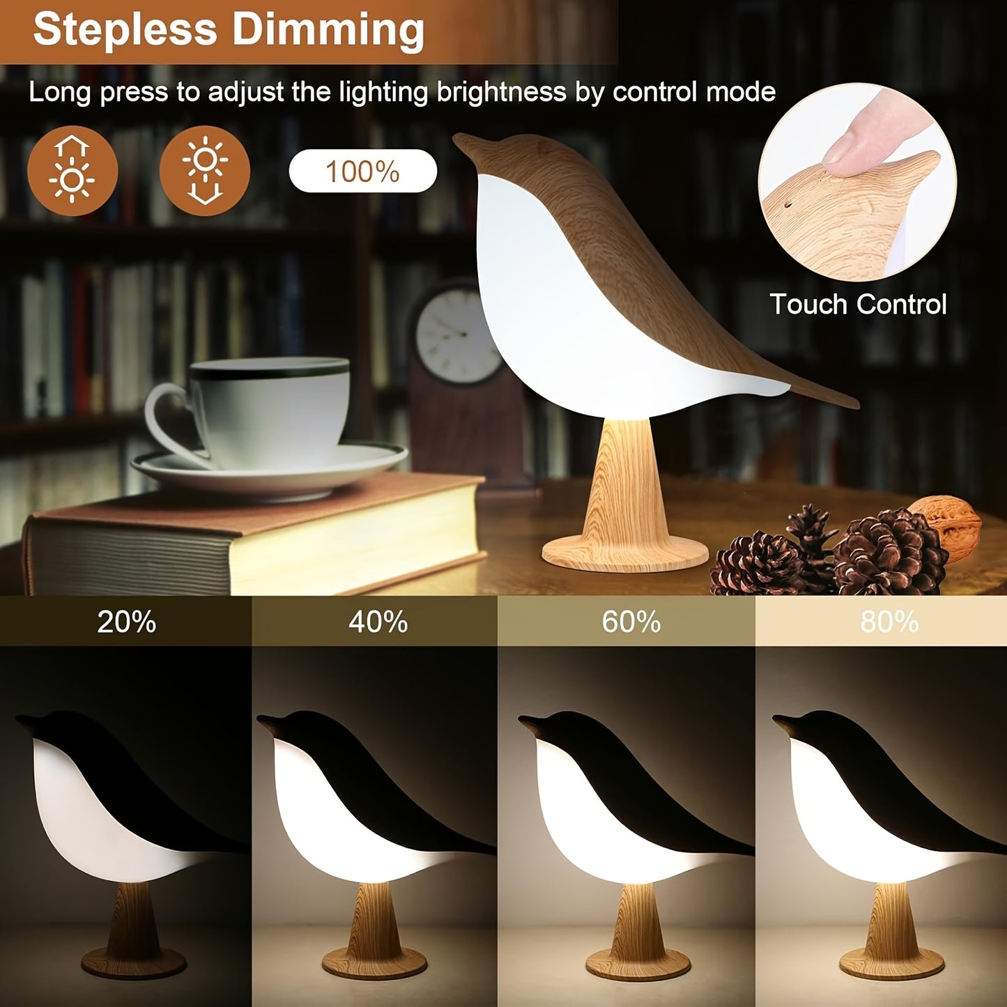 Rechargeable Birdwood Night Light with USB Charging, 3-Color Dimmable Touch Control, Aromatherapy-Compatible
