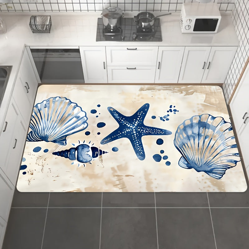 Starfish & Shell Pattern Kitchen Rug – Washable & Durable, 1.5'x2' / 2'x2.5' / 1.5'x4'