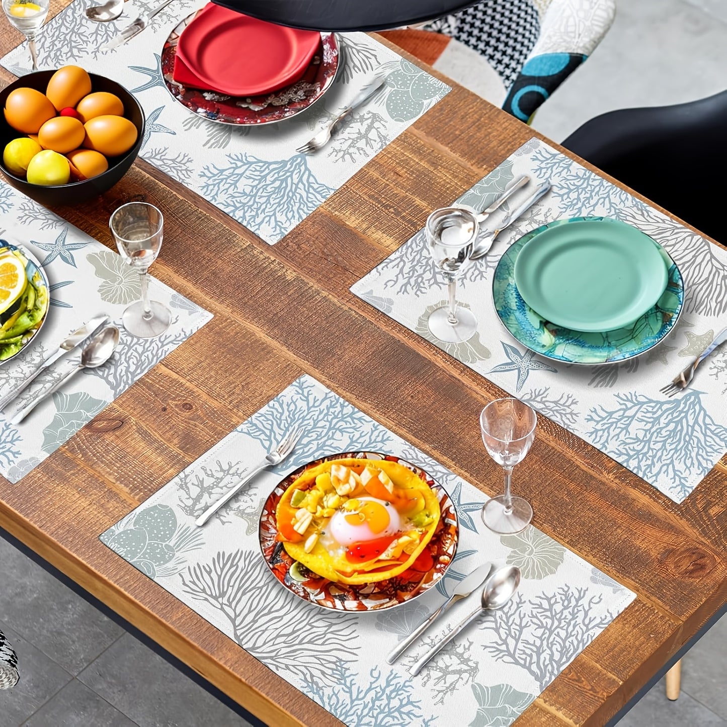 Summer Nautical Coastal Placemats – Set of 4 Ocean & Beach 12x18" Table Mats, Blue Gray Coral Starfish Design