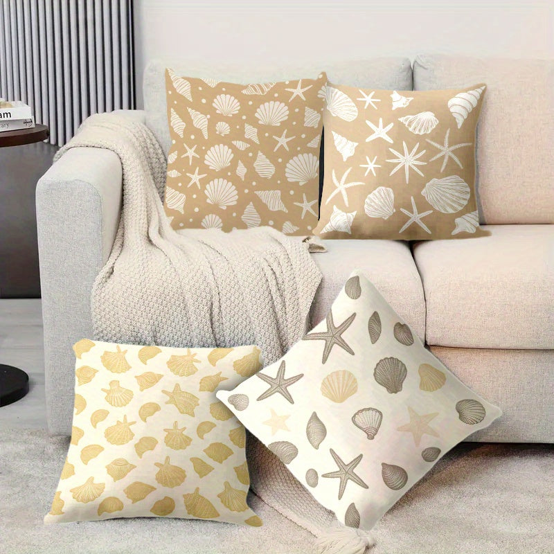 Retro Marine Throw Pillow Covers – Starfish & Shells, Beige, Gold & White, 18x18"