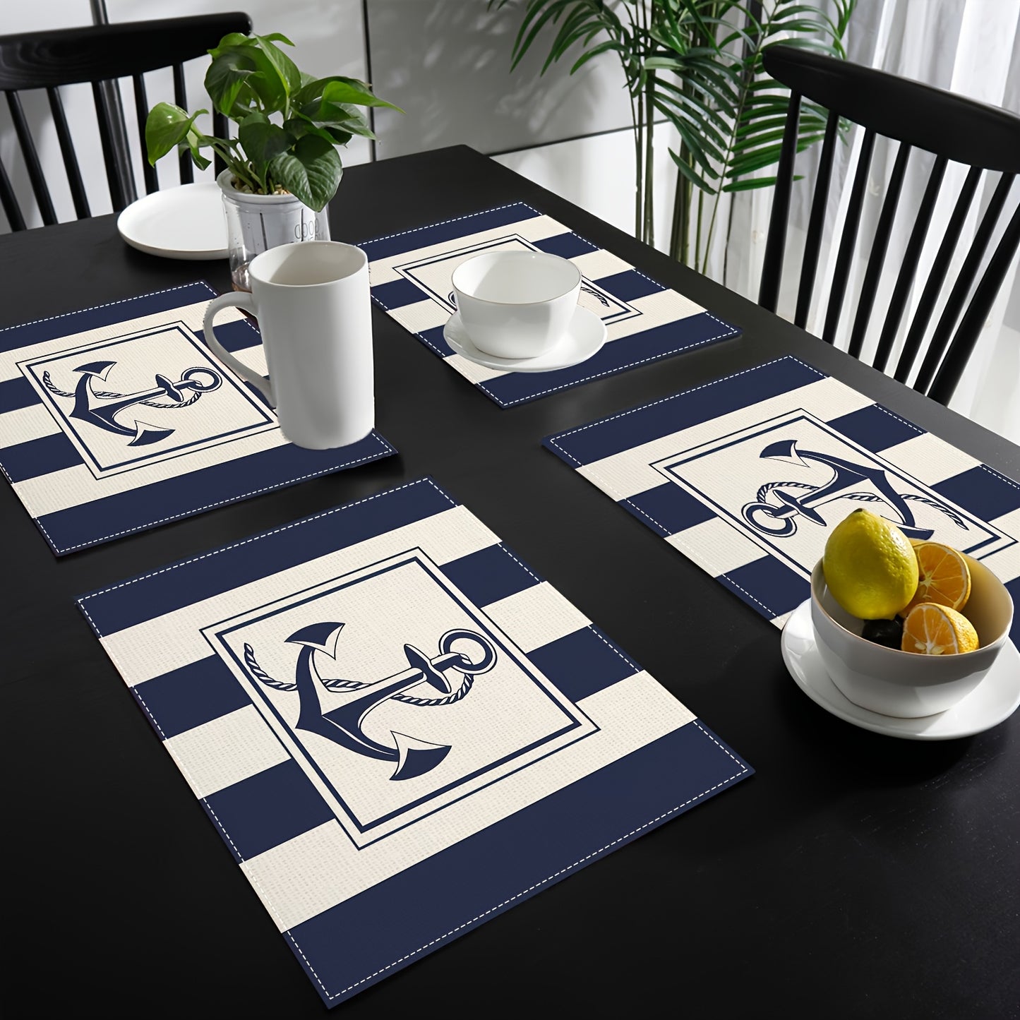 4-Piece Elegant Navy Nautical Linen Placemats – 12x18" Coastal Table Decor, Heat-Resistant & Durable Dining Mats