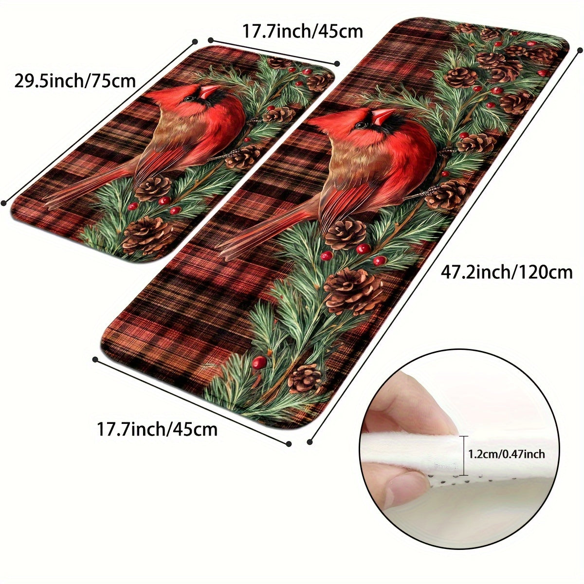 Holiday Red Cardinal Floor Mat – Pine Cones & Holly Berries on Red Plaid, 1.5'x2.5' / 1.5'x4'