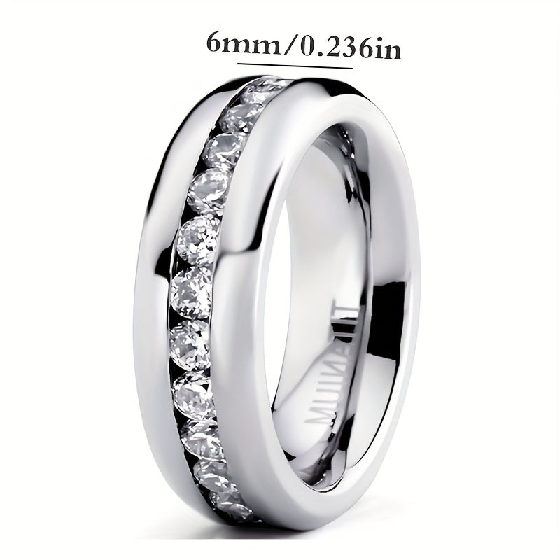 Stainless Steel Cuban Eternity Ring with Cubic Zirconia – Unplated Durable Design, Wedding or Anniversary Gift