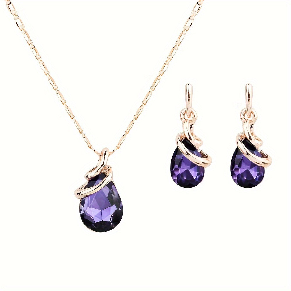 Water Drop Pendant Necklace & Earrings Set – 3-Piece Gift in Purple or Ink Blue