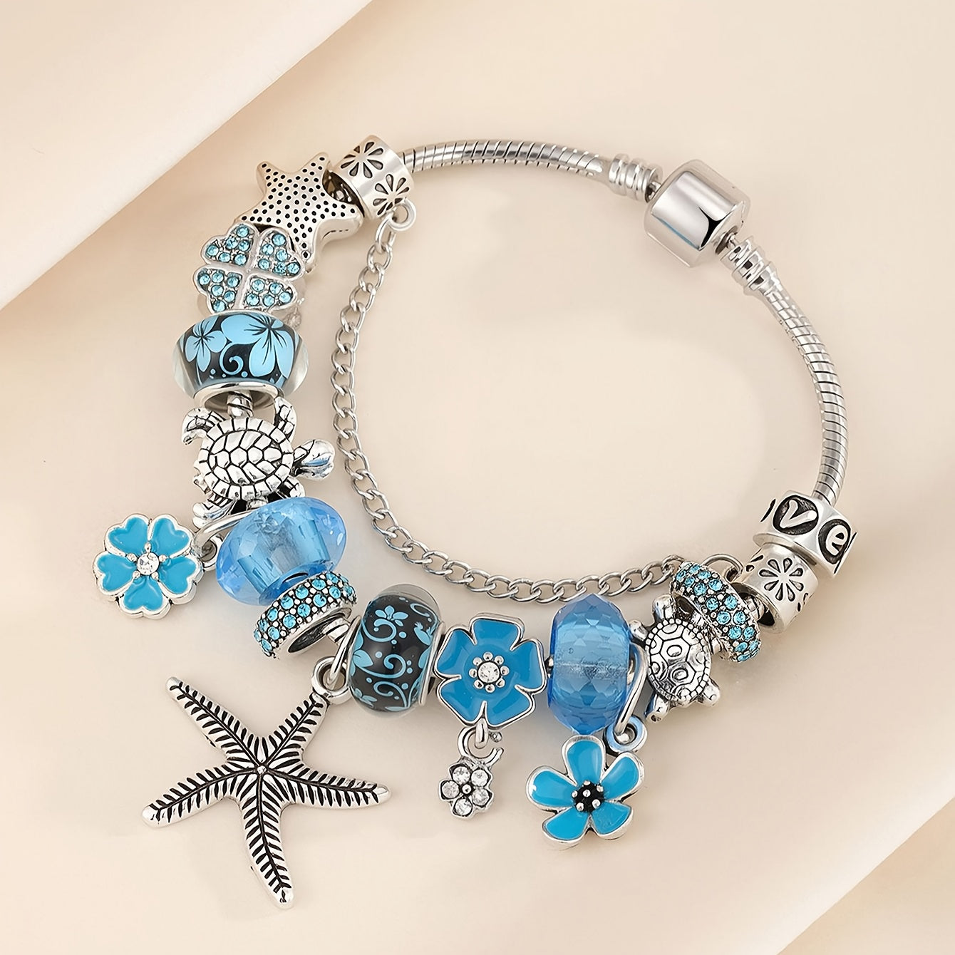 Starfish & Turtle Charm Bead Bracelet