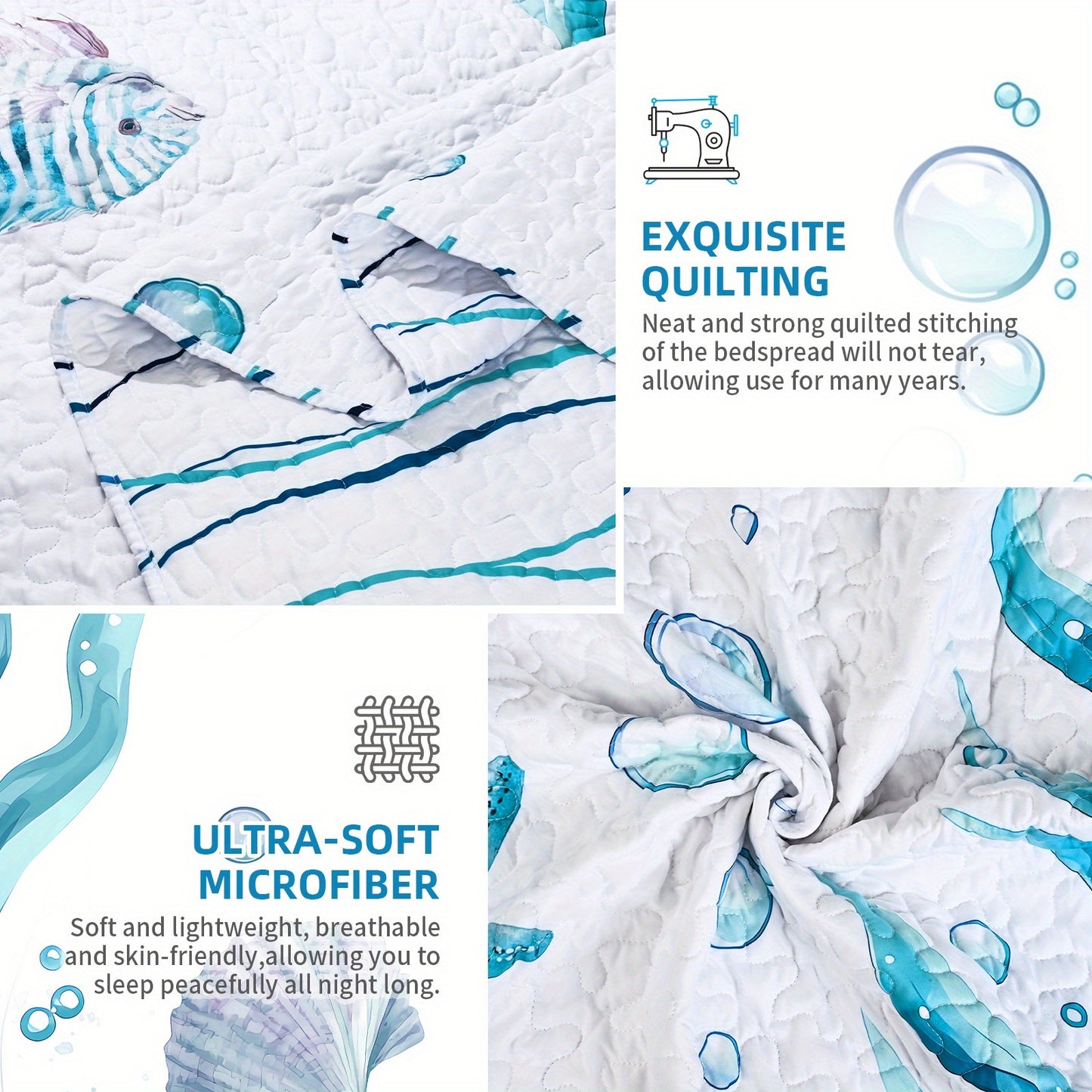 Ocean-Themed Reversible Quilt Set – 3-Piece Queen & King Bedding