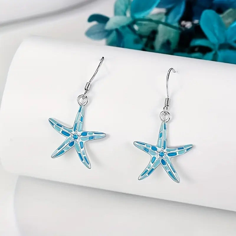 2-Piece Starfish Dangle Earrings – Turquoise Blue & White Mosaic Design with Sterling Silver Post